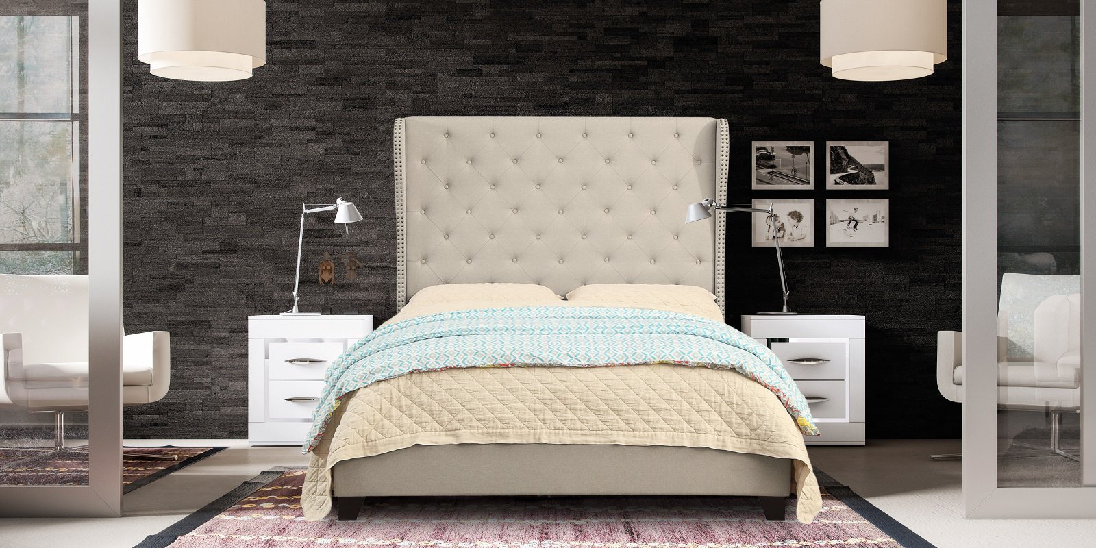 Luxurious Queen Size Upholstered Bed In Off-Beige Colour