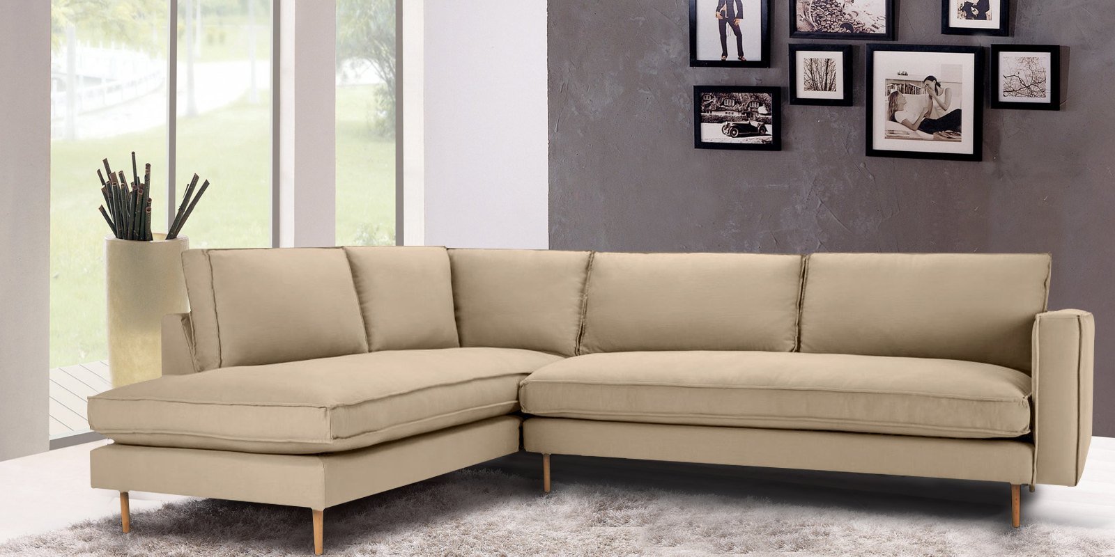 Modular RHS 3 Seater Sofa with Lounger in Beige Colour by Dreamzz Furniture