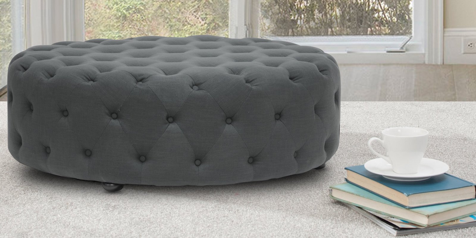 Hustle Round Tufted Pouffe in Grey Colour by Dreamzz Furniture