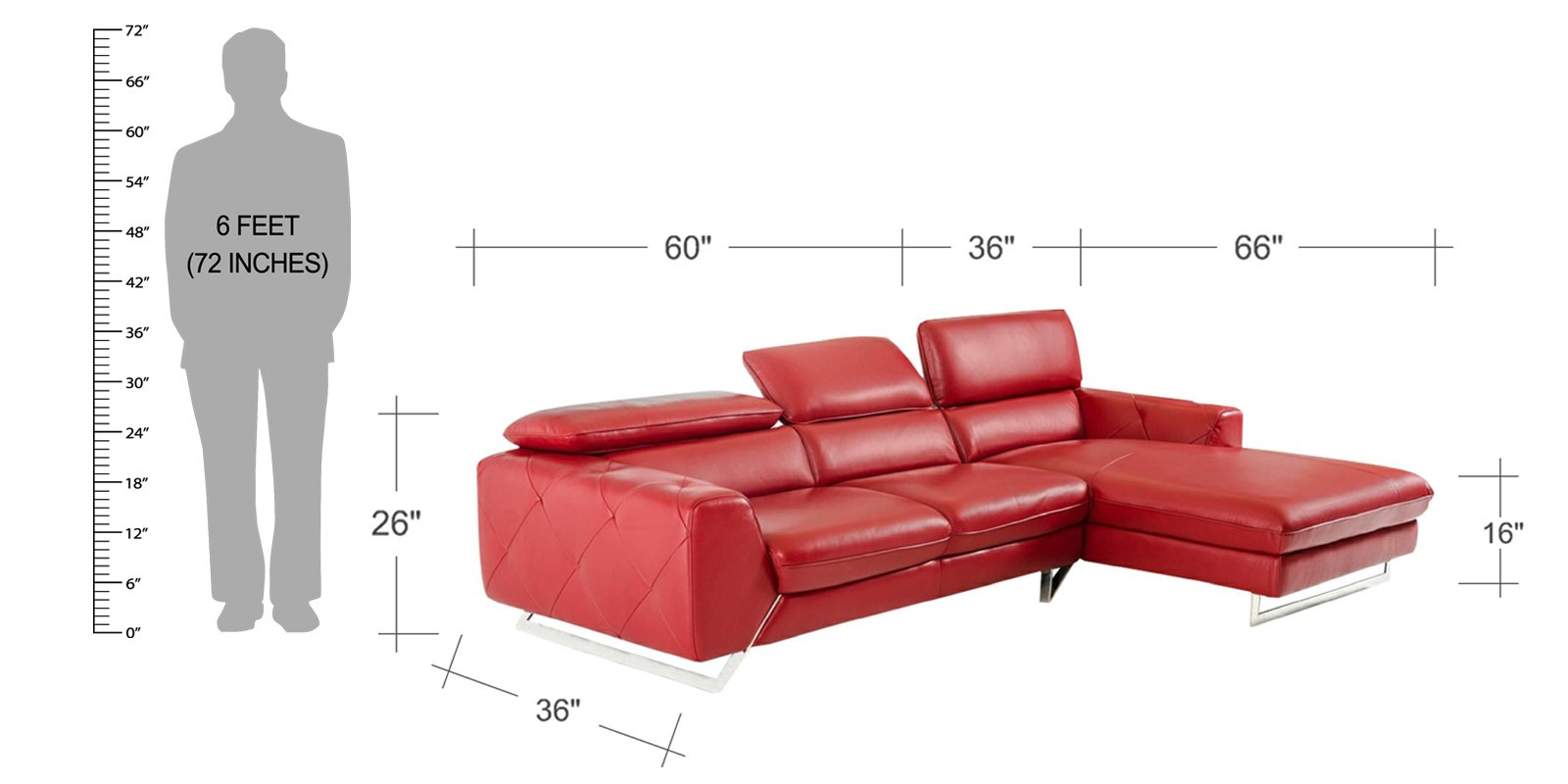 Ultra Modern LHS 2 Seater Sofa with Lounger in Red Colour by Dreamzz Furniture