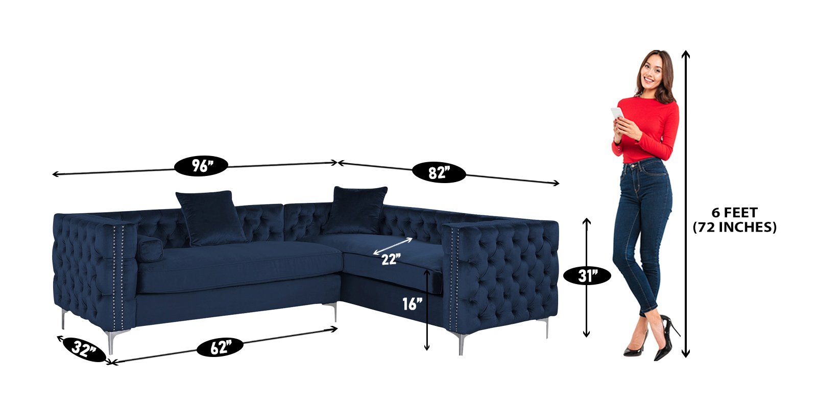 Tidafors Classic RHS Sofa in Velvet Blue Colour by Dreamzz Furniture