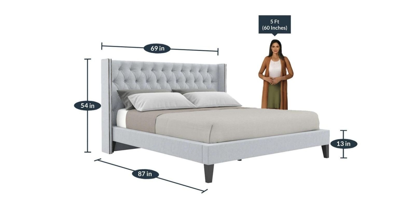 Noa Queen size Upholstered Bed in Light Grey Colour by Dreamzz Furniture