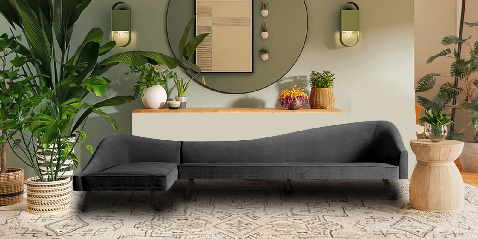 Vivacious Sofa with Lounger in Dark Grey Colour