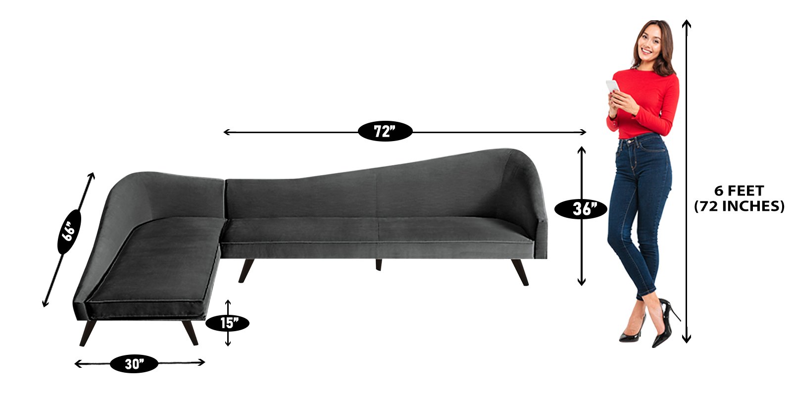 Vivacious Sofa with Lounger in Dark Grey Colour